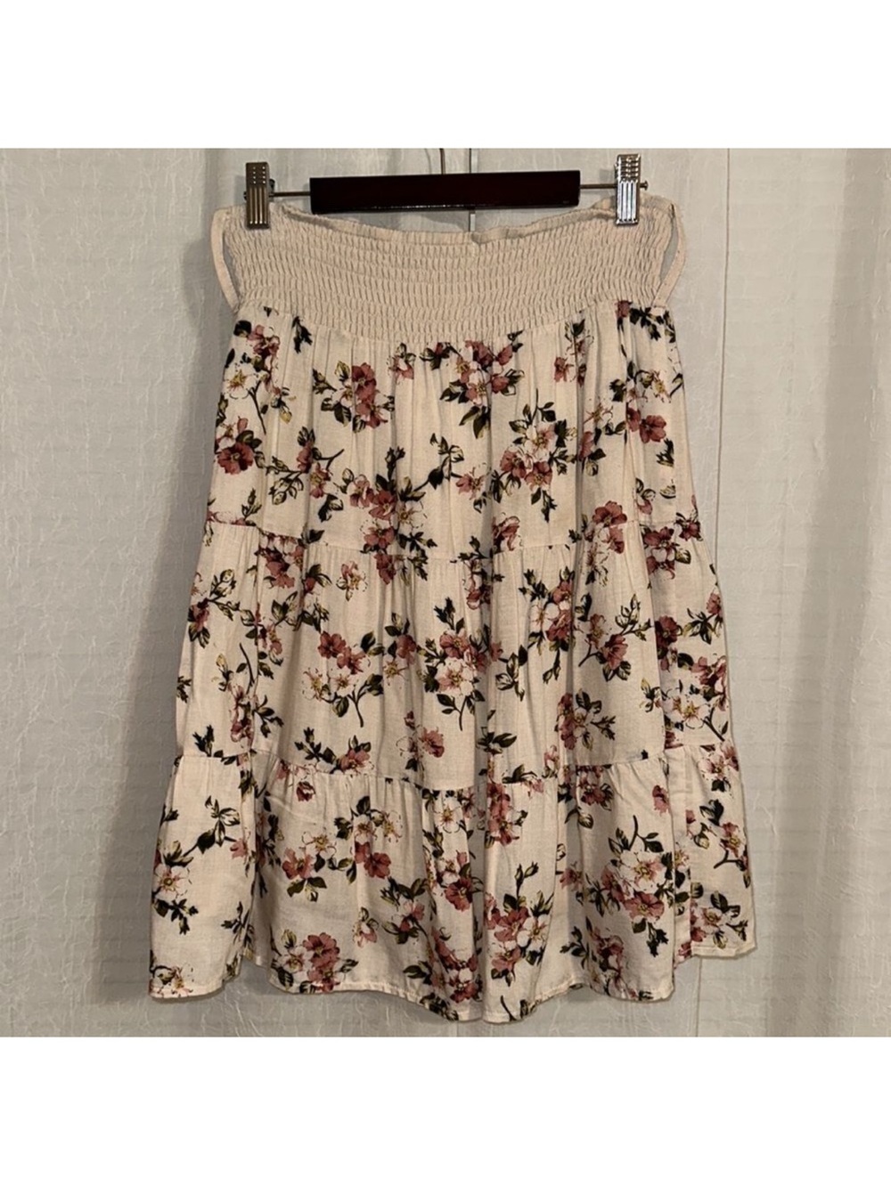 TEMT 6 High Waist Cotton Blend Floral Ivory Pink Green Tiered A Line Skirt